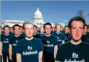  ?? LAWRENCE JACKSON / THE NEW YORK TIMES ?? Cardboard cutouts of Facebook CEO Mark Zuckerberg are lined up outside the Capitol in Washington, D.C., this past April. Crises have been mounting for the social media giant.