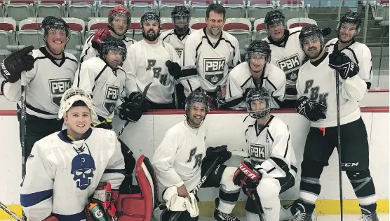  ??  ?? The Press Box Kings, a beer-league hockey team consisting of Olympians from various other sports, have been toiling in WinSport’s Hockey Canada League fourth division for five summers.