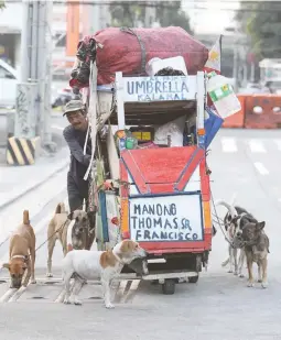  ??  ?? IN GOOD COMPANY – Umbrella repairer Thomas Francisco is accompanie­d by his pet dogs as he pushes his work cart along Quezon Avenue in Quezon City Wednesday. (Jansen Romero)