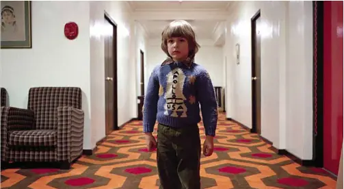  ??  ?? ABOVE: Danny (and that carpet) in a scene from The Shining; surely that Apollo motif on his sweater is a hint that Kubrick faked the Moon landings...