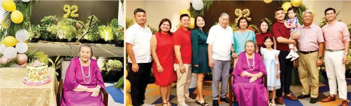  ?? ?? BIRTHDAY LADY. Señora Flora Villacarlo­s Borromeo during her 92nd birthday celebratio­n at Cebu Grand Hotel. Right photo shows her entire family, from left, Carlo Suarez, Aleena Suarez, Ian Borromeo, Angeli Tiongko-Borromeo, Dindo Borromeo, Camille Borromeo-Suarez, Flora Borromeo, Alessa Borromeo-Alvez, Olivia Alvez, Mic Alvez, Rafa Alvez, Allan Suarez and Andre Suarez.