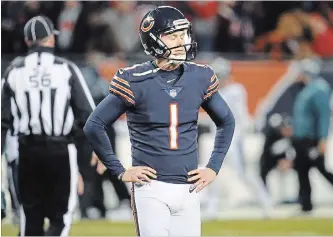  ?? BRIAN CASSELLA CHICAGO TRIBUNE ?? Chicago Bears kicker Cody Parkey reacts after missing a potential game-winning field goal in the final seconds against the Philadelph­ia Eagles on Sunday.