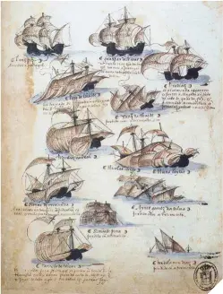  ??  ?? Junto a estas líneas, la flota de Pedro Álvares Cabral, compuesta en origen por trece navíos. El explorador portugués fue uno de los primeros europeos que llegó a la costa noreste de América del Sur. Más allá, Manuel I en una vidriera en el Palacio da Pena, en Sintra. Abajo, un detalle del mapa de Abraham Ortelius en el que se aprecia la nave Victoria de la llamada Armada de la especiería. En la otra página, abajo, Vasco de Gama.