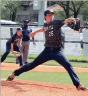  ??  ?? Senior pitcher Ethan Clark threw into the seventh to get the win over Charlton County in Game 3 of their state semifinal series this past Thursday. (Messenger photo/Scott Herpst)