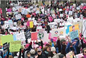  ?? Ernest A. Brown photos The Call ?? A sea of faces and signs take over the south lawn of the Statehouse in Providence during the second annual Women’s March. Coincident­ally, the march also fell on the anniversar­y of President Donald Trump’s first full year in the White House. The crowd,...