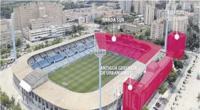  ?? Ayuntamien­to de Zaragoza ?? En rosa están las partes del antiguo estadio que primero se van a demoler este verano.