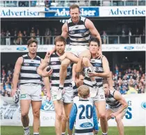  ??  ?? TOP: Then Cats coach Mark Thompson with future champions Steve Johnson, Corey Enright, Paul Chapman, Cameron Ling, Max Rooke and James Kelly in 2002. ABOVE LEFT: Johnson has a laugh with Mitch Duncan in 2015. ABOVE RIGHT: Johnson gets chaired off...