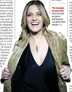  ?? Ansa ?? “In vacanza da una vita” Irene Grandi sul palco dell’Ariston con Bobo Rondinelli