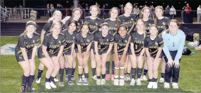  ?? Mark Humphrey/Enterprise-Leader ?? Prairie Grove’s girls soccer team got a new playing surface with turf installed at Tiger Den Stadium for the 2024 season. The Lady Tigers are coached by Tommy Roy and Kristen Walker.