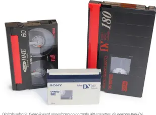  ??  ?? Digitale selectie: Digital8 werd opgeslagen op normale Hi8-cassettes, de gewone Mini-DVcassette (midden) was gereservee­rd voor DV en HDV. Standaard DV-tapes werden alleen in de profession­ele sector gebruikt.