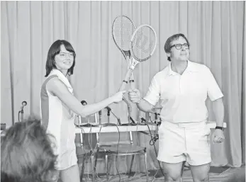  ?? MELINDA SUE GORDON ?? Billie Jean King (Emma Stone) faces down Bobby Riggs (Steve Carell) in Battle of the Sexes.