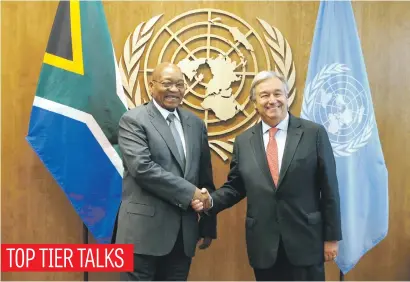  ?? Picture: Reuters ?? President Jacob Zuma, left, shakes hands with United Nations secretary-general Antonio Guterres prior to their meeting at UN headquarte­rs in New York City in the US on Monday.