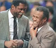  ?? AP - Mike Kullen, File ?? Former Celtics legends Bill Russell (left) and K.C. Jones meet before a game in 1988, when they were coaches of the Kings and Celtics, respective­ly.