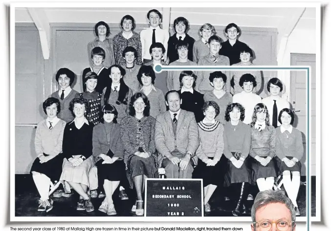  ??  ?? The second year class of 1980 at Mallaig High are frozen in time in their picturee but Donald Maclellan, right, tracked them down