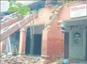  ?? HT ?? Bismil Bhawan partially razed by administra­tion on Saturday.