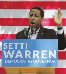  ?? STAFF PHOTO BY JOHN WILCOX ?? IN THE RACE: Newton Mayor Setti Warren yesterday announces he is running for governor.