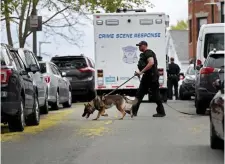  ?? NanCY lanE / HERald STaff fIlE ?? RESPONSE NEEDED: A K-9 team works at the scene of a fatal shooting on Wyoming Street in Roxbury on Wednesday. The victim has been identified.