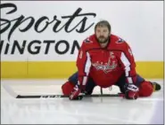  ?? NICK WASS — THE ASSOCIATED PRESS ?? Washington Capitals left wing Alex Ovechkin (8), of Russia, stretches during warm ups before Game 3 of the NHL Eastern Conference finals hockey playoff series against the Tampa Bay Lightning Tuesday in Washington.