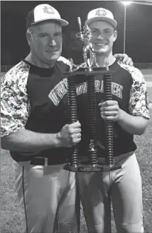  ?? Submitted photo ?? Upper Deck Post 86/14 coach Joel Landry and son Angelo Landry hold the runner-up trophy at last month’s Jr. Legion state tournament.