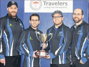  ?? DAVID JALA/CAPE BRETON POST ?? Team Roach proudly displays the trophy it received for winning the 2018 Nova Scotia Travelers Club Curling championsh­ip at the Sydney Curling Club last March. The Sydney rink will represent the province at the Travelers Curling Club Championsh­ip next week in Miramichi, N.B. From left, skip Kurt Roach, third Mark MacNamara, second Travis Stone, and lead Robin Nathanson.