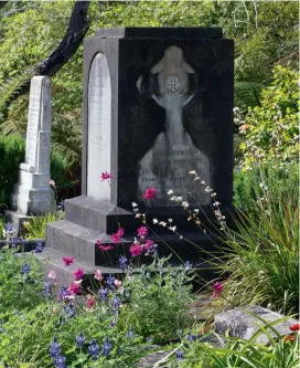  ??  ?? Volunteer Mary (top) has been gardening at the cemetery since 2015. Though the lavender, planted here near an ornamental cherry tree, is frustratin­gly short-lived, the volunteers persevere as they love the violet colour; the square grave (above) belongs to the Foote and Hamblyn families and was the first official burial in the garden. The flowers planted around it are hot pink ixia, blue admiral lupin and white libertia.