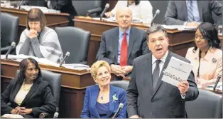  ?? CP PHOTO ?? Ontario’s Premier Kathleen Wynne (centre) sits next to Finance Minister Charles Sousa (right) as he tables the provincial budget at the Queens Park Legislatur­e in Toronto, on Wednesday.