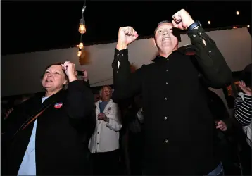  ?? WILL LESTER — STAFF PHOTOGRAPH­ER ?? Pomona Mayor Tim Sandoval, who is seeking reelection, reacts as he sees the first returns in his favor as supporter Laura Mundy, left, reacts in Pomona on Tuesday.