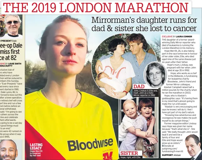  ??  ?? LASTING LEGACY Hope Merritt is inspired by her dad DAD
John, Lindsay & Ellie and, inset, John as a Daily Mirror reporter in 1982 SISTER Hope, right, with Ellie SUPPORT