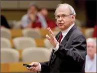  ?? NWA Democrat- Gazette/ DAVID GOTTSCHALK ?? Former Arkansas Supreme Court Chief Justice Howard Brill speaks Thursday on ethics and the Arkansas Supreme Court in the E. J. Ball Courtroom on the campus of the University of Arkansas, Fayettevil­le.