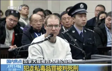  ?? CCTV VIA AP ?? Canadian Robert Lloyd Schellenbe­rg attends his retrial at the Dalian Intermedia­te People’s Court in Dalian, northeaste­rn China’s Liaoning province on Monday. A Chinese court sentenced the Canadian man to death Monday in a sudden retrial in a drug smuggling case that is likely to escalate tensions between the countries over the arrest of a top Chinese technology executive.