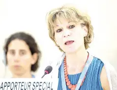  ??  ?? Callamard delivers a report during the United Nations Human Rights Council in Geneva on June 26, 2019.