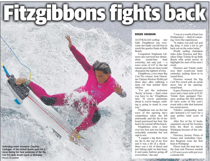  ?? Picture: ED SLOANE ?? Defending event champion Courtney Conlogue, of the United States, pulls off a move during her heat yesterday of the Rip Curl Pro Bells Beach event at Winkipop