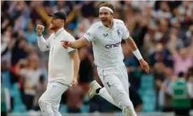  ?? Photograph: Tom Jenkins/The Guardian ?? Stuart Broad celebrates the wicket of Todd Murphy during an enthrallin­g final day of the fifth Ashes Test.