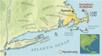  ??  ?? Our map shows the location of the Mayflower’s first landing on American soil in 1620, and the names of Native American tribes that occupied the surroundin­g area, east of the Hudson river