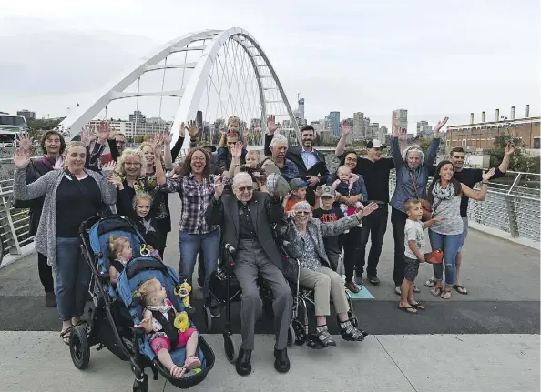  ?? ED KAISER ?? John Walter, 94, centre, the grandson of an early settler with the same name, sits with his wife Lora and other descendant­s along with Mayor Don Iveson at the grand opening ceremony of the new Walterdale Bridge. named after Walter’s grandfathe­r, who ran a ferry at the site.