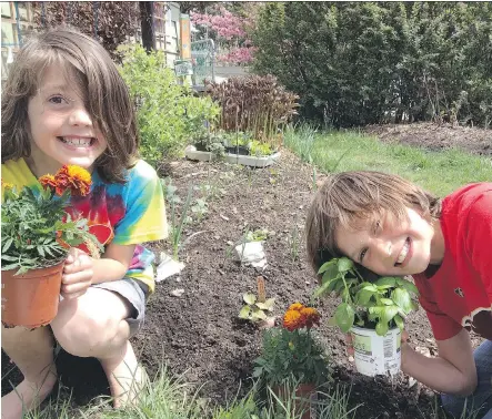  ?? WWW. GARDENGURU. NET ?? Seven- year- old Cohen, left, and Kalen, 9, goof around in the garden. In his new book, author Steven Biggs says adults can help kids discover the fun in gardening through the four steps of playing, exploring, collecting and growing.