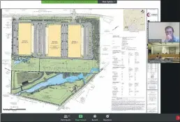  ?? SCREENSHOT OF ONLINE MEETING ?? Towamencin supervisor Dan Bell, inset top, and the rest of the board of supervisor­s during the board’s Aug. 12 meeting view plans for a complex of three warehouses to be built off of Wambold Road (at top of plan).