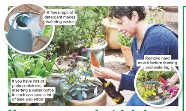  ??  ?? A few drops of detergent makes watering easier
If you have lots of patio containers, inserting a water bottle in each can save a lot of time and effort
Remove hard mulch before feeding and watering