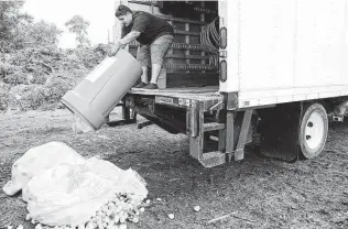  ?? Elizabeth Conley / Staff photograph­er ?? Cristian Flores, an employee with Moonshot, dumps restaurant food waste at Nature’s Way Resources in Conroe. Curbside composting is just starting to take off in Houston.