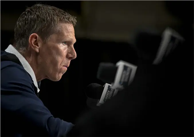  ?? AARON ONTIVEROZ — THE DENVER POST ?? Gonzaga men’s basketball head coach Mark Few answers questions from the media before the opening round of the NCAA Tournament on Thursday at Ball Arena in Denver.