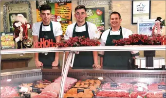  ??  ?? Kyle Heffernan, Aaron Jones and Mike Moran getting into the Christmas Spirit at Tim Jones Family Butchers, Central Point Shopping Centre, Park Road, Killarney.