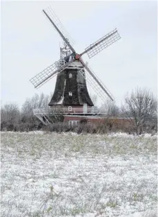  ?? FOTOS: DPA ?? Aus der verschneit­en Insellands­chaft ragt die alte Mühle bei Oldsum hervor.