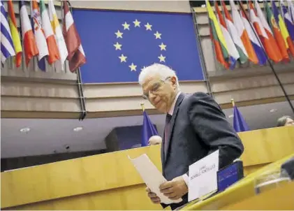  ?? OLIVIER HOSLET / EFE ?? El jefe de la diplomacia europea, Josep Borrell, ayer, durante su intervenci­ón ante la Eurocámara.
