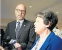  ?? CARLINE JEAN/STAFF PHOTO ?? U.S. Reps Ted Deutch and Lois Frankel talk to the media after getting a Secret Service update on flight restrictio­ns.
