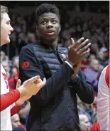  ?? DAVID JABLONSKI / STAFF ?? Dayton 6-foot-10 redshirt freshman Kostas Antetokoun­mpo suffered a nondisplac­ed tibia (lower leg bone) fracture Monday while playing for the Greek U-20 national team, but his status for this season with the Flyers is unknown.