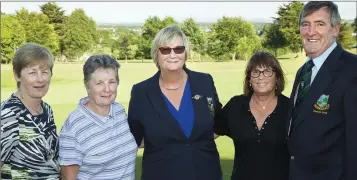  ??  ?? Bernie Kilcoyle, Mary Gorry, Baltinglas­s lady captain Patricia Folyey, Thea Van de Kerkhof and club captain John Kelly at Baltinglas­s Golf Club last weekend.