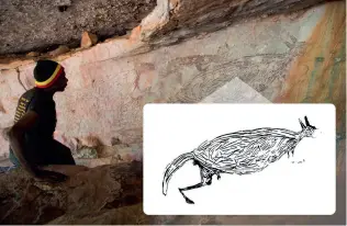  ??  ?? Kaenguruen afbildet under et klippefrem­spring minder om stenmaleri­er i Sydøstasie­n, som er over 40.000 år gamle.