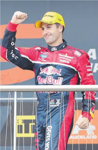  ??  ?? Red Bull’s Jamie Whincup celebrates his win after powering around Auckland (below).Picture: AAP IMAGES