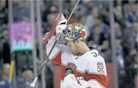  ?? CRAIG ROBERTSON/TORONTO ?? Florida backup goalie James Reimer is putting up numbers nearly identical to the team’s starter, Roberto Luongo, so far this season. That kind of quality netminding could carry the Panthers into the playoffs.