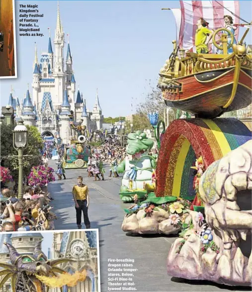  ??  ?? Th The Magic Ki Kingdom’s da daily Festival of Fantasy Pa Parade. L., M MagicBand w works as key. Fire-breathing dragon raises Orlando temperatur­es. Below, Sci-Fi Dine-In Theater at Hollywood Studios.